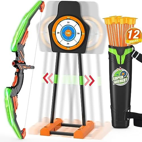 HYES Bow and Arrow for Kids with Moving Target, LED Light Up Archery Set with 12 Suction Cup Arrows, 1 Quiver, Indoor Outdoor Sport Gifts for Boys Girls Ages 4-12, Green