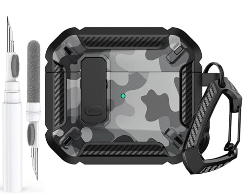 Compatible with AirPods Pro 2 Gen Case, Shockproof AirPods iPod Pro 2 Generation Protective Case Cover for Men Women with Cleaning Kit&Carabiner Camo