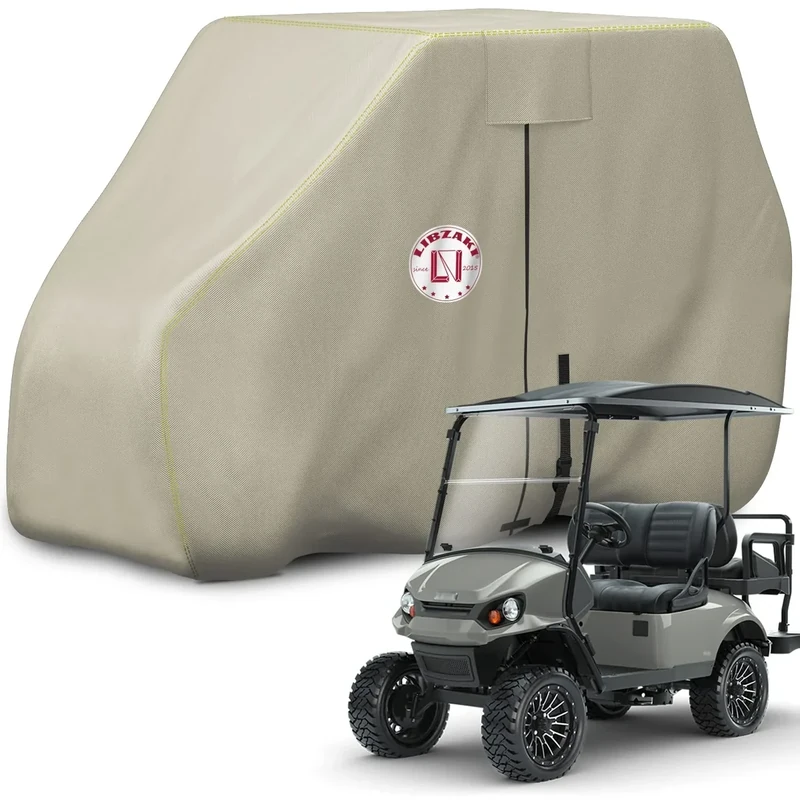 LI LIBZAKI Waterproof Golf Cart Cover, 600D Heavy Duty Marine Grade Fabric, Universal Fits for Most Brand 4+2Passengers Yamaha, Club Car, EZGO Golf Cart -Light Tan