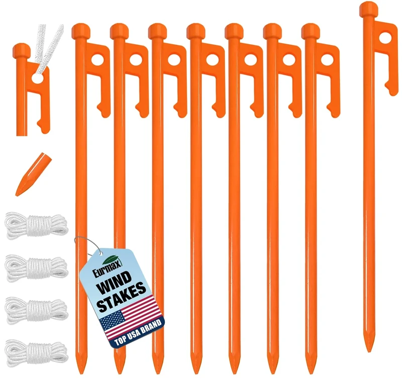 Eurmax USA 10 inch Multiuse Heavy Duty Steel Tent Stakes Tarp Pegs Camping Stakes for Outdoor Camping Canopy and tarp with 4 Ropes 10FT Length,8pcs(Orange)