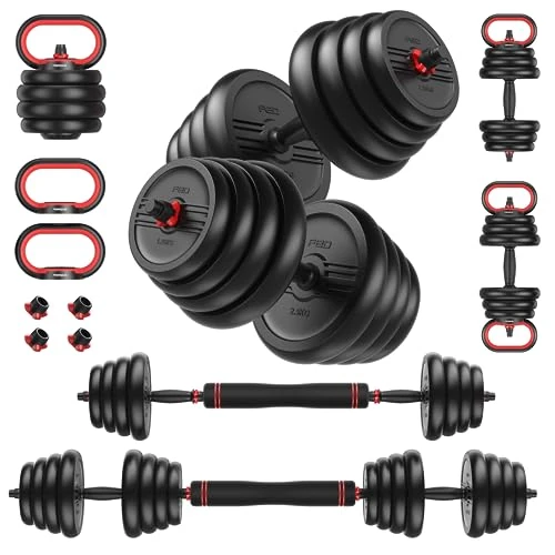 FEIERDUN Adjustable Dumbbell Set, 70lbs Free Weight Set with Connector, 4 in1 Weight Set Used as Barbell, Kettlebells, Push up Stand, Fitness Exercises for Home Gym Suitable Men/Women