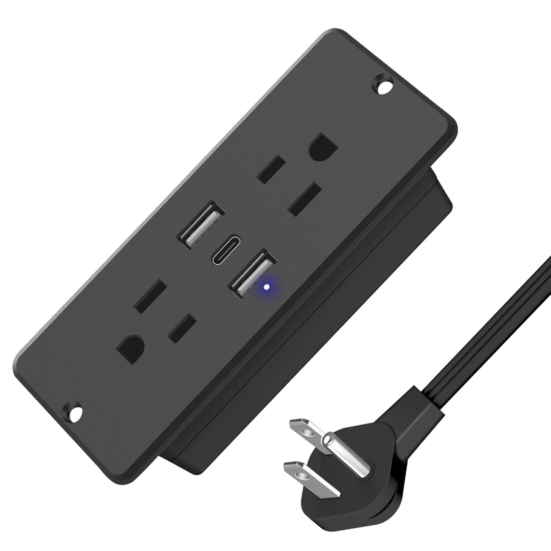 HHSOET 5 in 1 Recessed Power Strip Flat Plug, 20W Fast Charging Furniture Outlet with USB, Conference Recessed Socket with 2 AC Plugs, 2 USB Ports 1 USB-C, 6ft Power Cord. (Black)