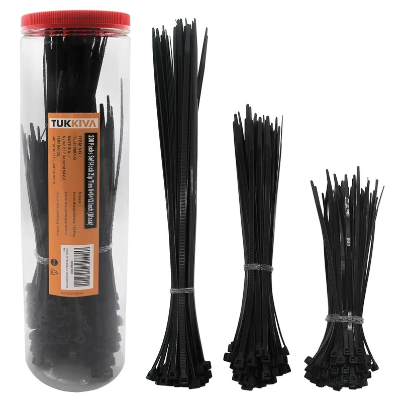 TUKKIVA 200 Pack Black Zip Ties Assorted Sizes 6+8+12 Inch Heavy Duty Cable Ties - Variety Pack Wire Ties