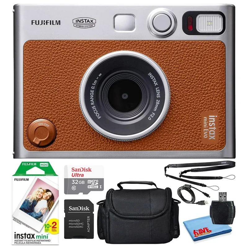 Fujifilm Instax Mini EVO Hybrid Instant Film Camera (Brown) (16812534) Bundle with 20 Instant Film Sheets + 32GB Memory Card + Small Padded Case + SD Card Reader + Microfiber Cleaning Cloth