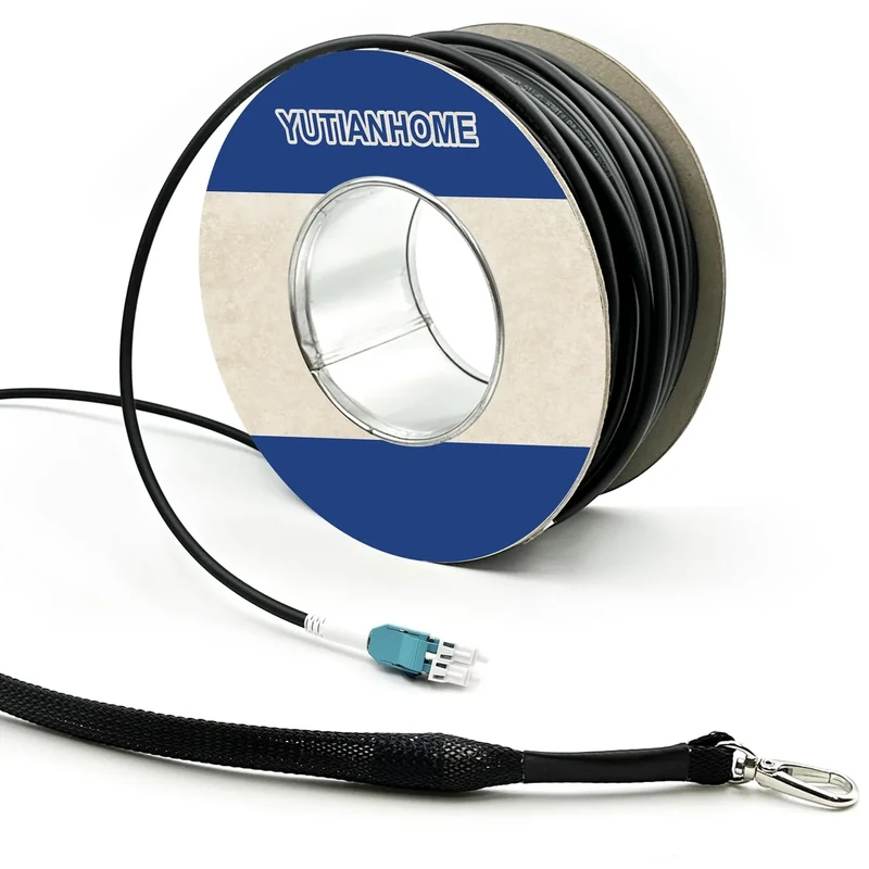 1000ft/300m OD-5mm Industrial TPU OM3 Fiber LC to LC Outdoor Armored Fiber Patch Cable, Duplex Multimode Fiber Optic Cable, 10Gb, 50/125, Uniboot LC-LC with Pulling Eye Kit Installed on one end