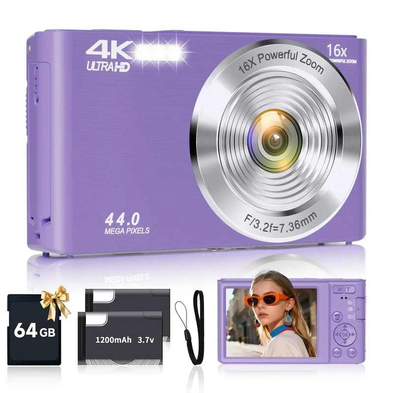Digital Camera, FHD 4K Digital Camera for Kids Purple with 64GB SD Card 16X Digital Zoom, Cameras for Photography Compact Point and Shoot Camera for Teen Boys Girls Kids Autofocus Camera Digital