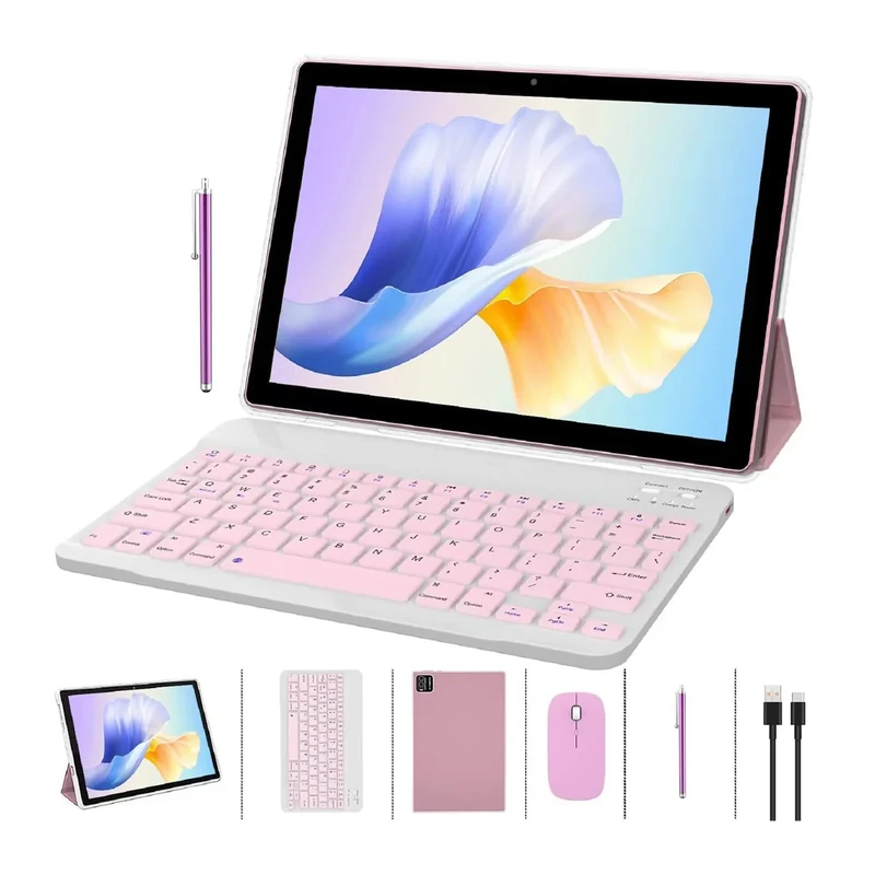 ZZB 2 in 1 Tablet with Keyboard Case Mouse Stylus Pen, 10 inch Tablet Android 15.0 Tablets PC Set, 8GB RAM+64GB ROM Tableta Computer 10.1" IPS Screen 2MP+8MP Dual Camera WiFi BT Tab Pink/Girls