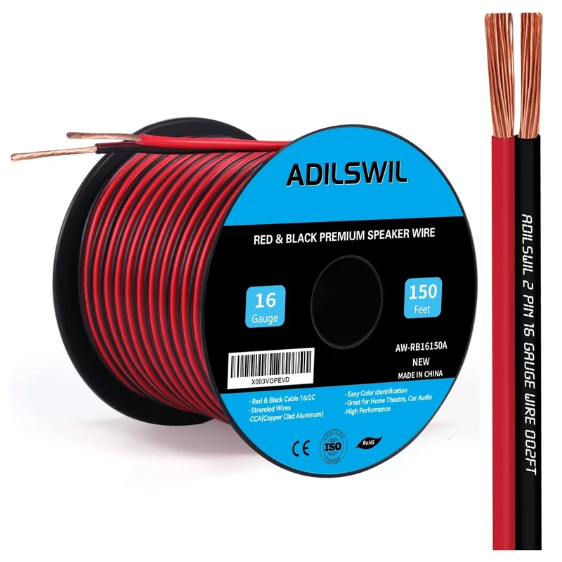 ADILSWIL 16AWG 150FT Red/Black Speaker Wire - Copper-Clad Aluminum