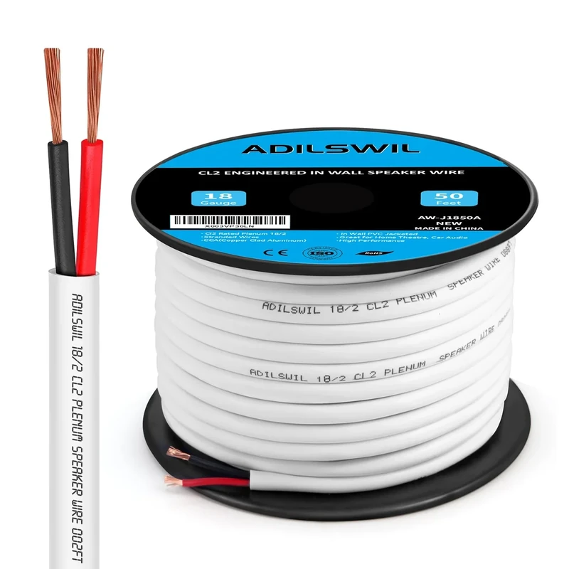 18 Gauge Speaker Wire (50FT), Electrical Wire,18 AWG Stranded PVC Extension Cord, 12V Low Voltage/Tinned Copper/Flexible Cable for Automotive Wiring, Lamp Cord, Marine Cable-CCA