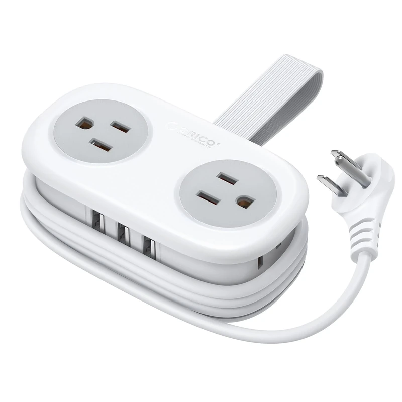 ORICO Travel Power Strip - 4 Outlets, 3 USB, 4FT Cord, Compact White