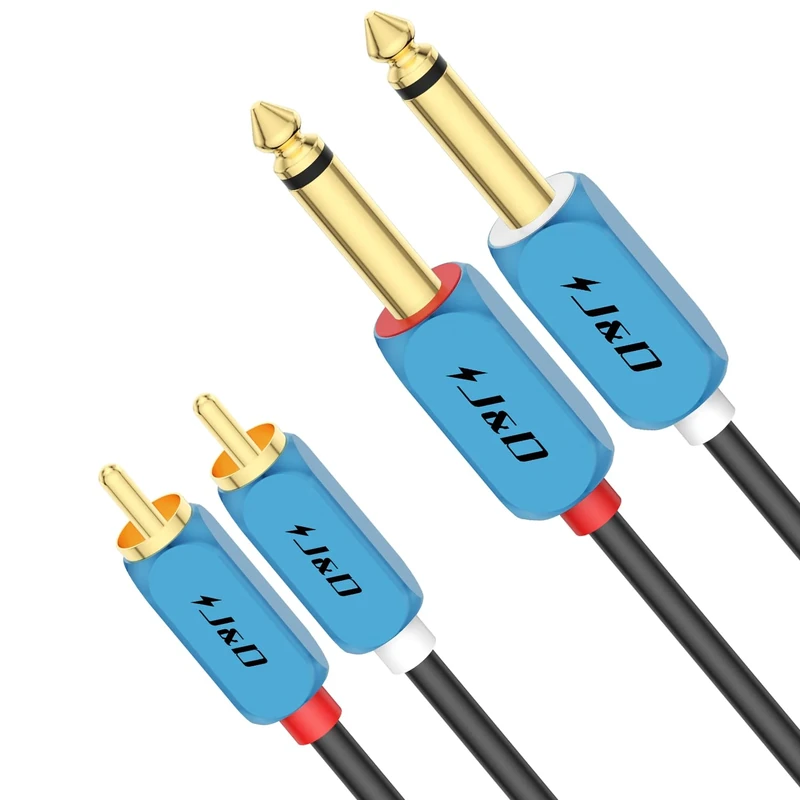 J&D Dual 1/4 inch TS to Dual RCA Stereo Audio Interconnect Cable, RCA to 1/4 Cable Heavy Duty Aluminum Alloy Shell Gold Plated Plug for Home Theater, Amplifiers, Hi-Fi Systems, 15 Feet