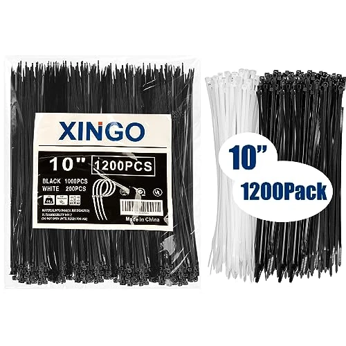 XINGO Zip Ties Assorted Sizes 500 Packs Self-Locking Small Nylon Cable Ties assorted, Small Zip Tie Wraps Assortment, Perfect for Home (10"Black 1000 Pack+White 200 Pack 40lb)