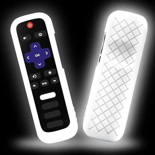 GMXT Remote Cover for Roku TV Remote Control, Battery Cover for TCL Hisense Roku TV Steaming Stick 4k 4K+ Roku Voice Remote, Universal Silicone Sleeve Case with Glow in The Dark (White)