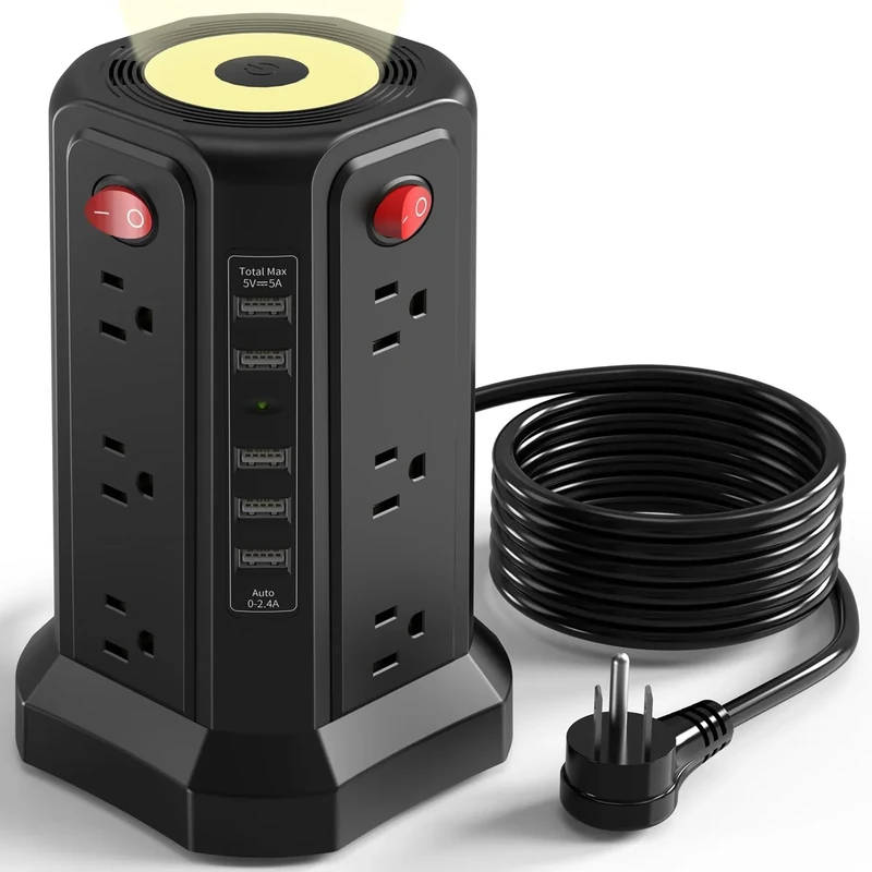 PASSUS 12-Outlet Power Strip with 5 USB Ports, Night Light, 1625W