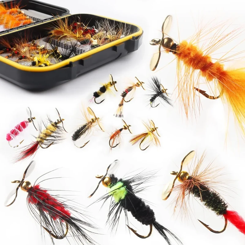 Fly Fishing Flies Assortment Kit Dry Wet Nyphms Tenkara Popper Streamer Woolly Bugger for Trout Bass Salmon Steelhead with Fly Box (Propeller Flies Kit 42pcs)