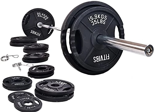 Fitvids Cast Iron Olympic 2-Inch Weight Plates Including 7FT Olympic Barbell, 325-Pound Set (280 Pounds Plates + 45 Pounds Barbell), Multiple Packages, Two Hole Style