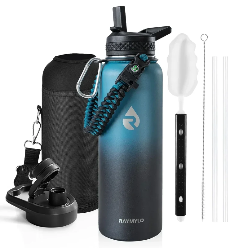 RAYMYLO Insulated Water Bottle 40 oz, Triple Wall Vacuum Stainless Steel (Cold for 48 Hrs), Leak Proof & Non-BPA, Modern Water Flask Jug with Paracord Handle & Straw Spout Lids, Indigo/Black