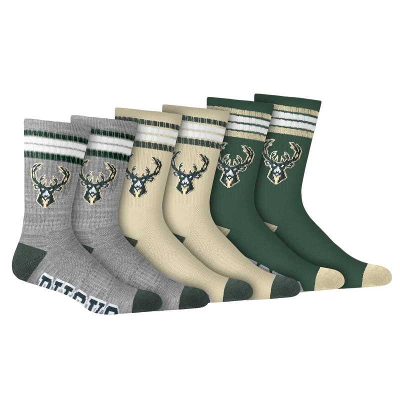 Ultra Game NBA Official Men’s Athletic Cushioned Secure Fit Team Crew Socks - 3 Pack - Unisex, Milwaukee Bucks, Assorted, M6-12