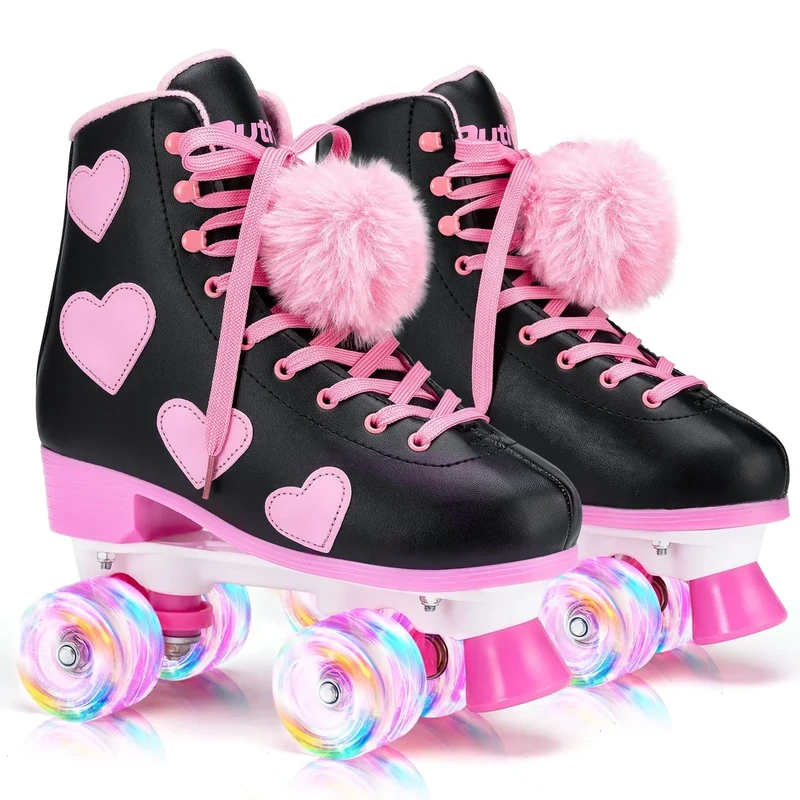 Ruthfot Women's and Girl's Classic Roller Skates with Light up Wheels and Love Heart Pattern, High-top PU Leather Rollerskates…