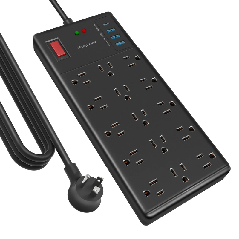 Surge Protector Power Strip 10 ft cord-15 Widely Spaced Outlets and 4 USB Ports(1 USB C Port),14 AWG Extension Cord,1875W/15A Heavy Duty Power Strip Surge Protector 10 ft Cord,2800J,Black