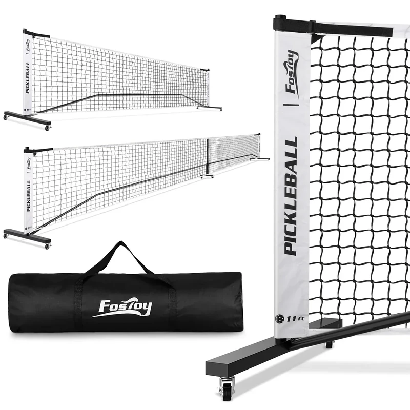 Portable Pickleball Net Set with Wheels, Regulation Size 22 FT & Half Court 11 FT, Steady Metal Frame Pickle Ball Net Set System with Carry Bag for Backyards, Driveways, and Garages (Black&White)