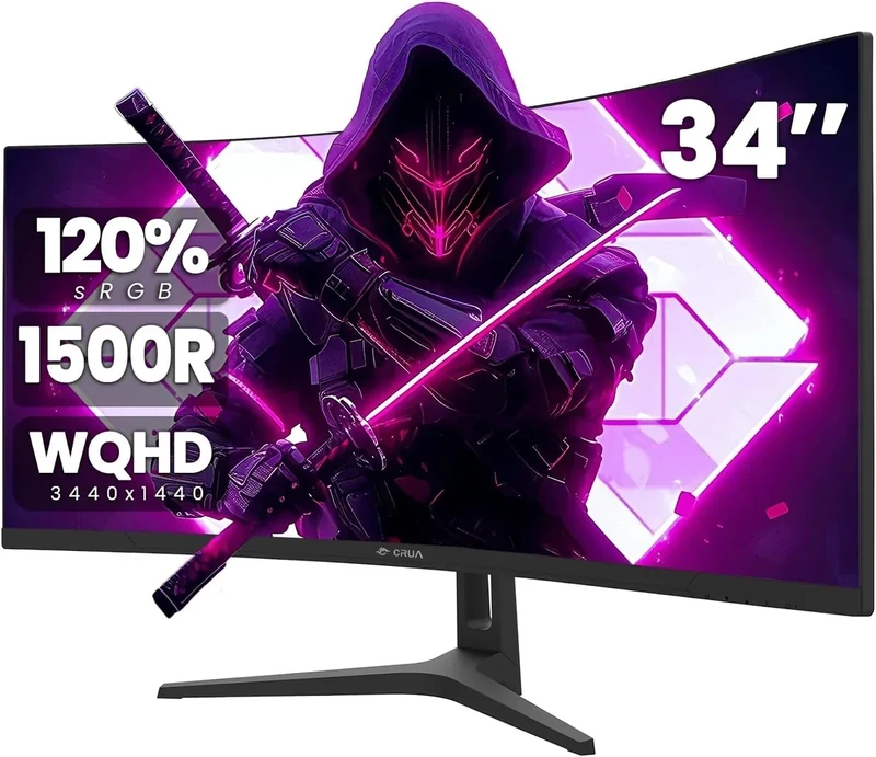 CRUA 34Inch Ultrawide Gaming Monitor, WQHD(3440 * 1440P) 144Hz/165Hz Curved Monitor,120% sRGB, Computer Monitor That Supports AMD Freesync, Wall Mountable Installs(HDMI, DP)-Black