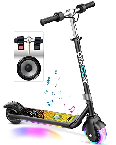 Gyroor Electric Scooter for Kids, 10 Miles Distance, 150W Motor, Bluetooth Music, Dual Brake System, Adjustable Height and Speed, Electric Scooter for Kids Ages 6-12, Ideal Gifts, Black