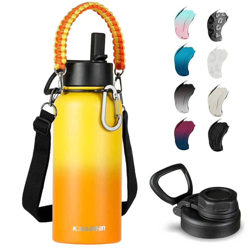 KXIAOCHEN 32 oz Insulated Water Bottle With Strap, Cold For 48 Hrs Leak Proof, Triple Wall Stainless Steel Sports Water Bottle With Straw And Spout Lid For Gym Hiking Travel