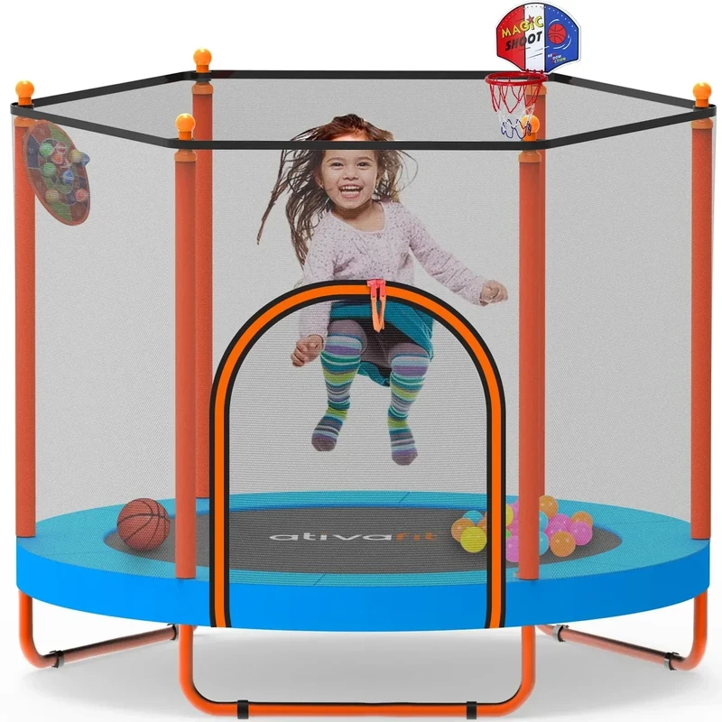 ATIVAFIT 60″ Indoor‑Outdoor Kids Trampoline Mini Rebounder with Safety Net & Hoop, Ideal for Toddlers and Children 1‑8