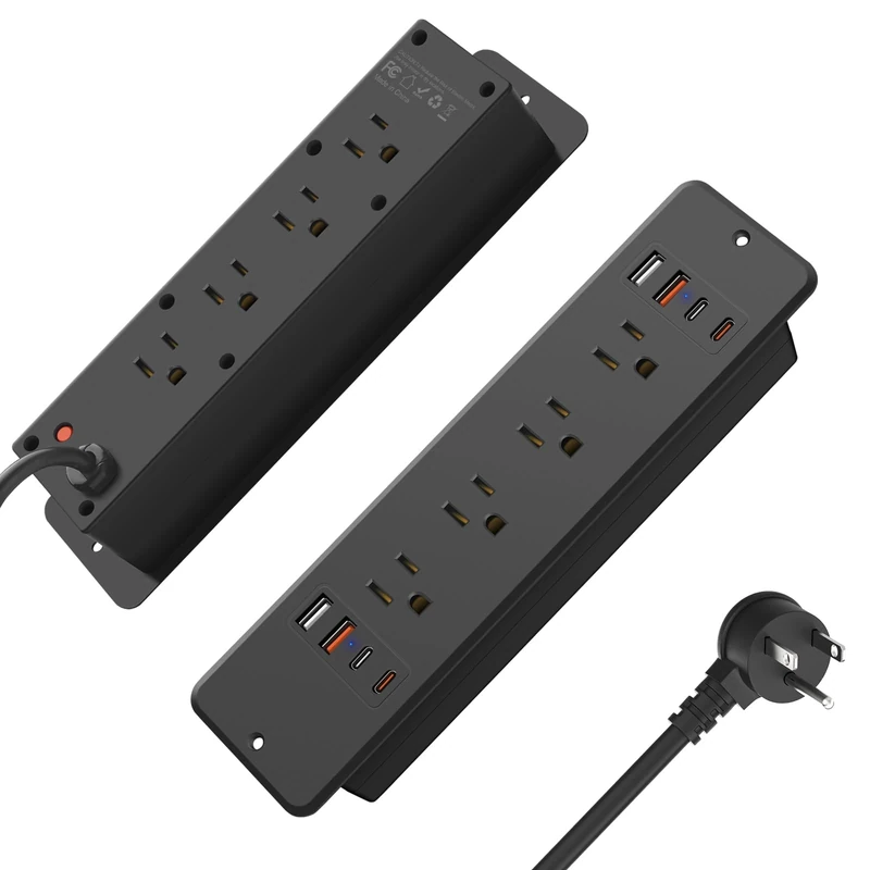 HHSOET 8 Outlet Recessed Power Strip, 30W Fast Charging Furniture Power Outlet USB C, Flush Mount Surge Protection Socket with 4 USB-A and 4 USB-C, 6ft Power Cord. (Black)