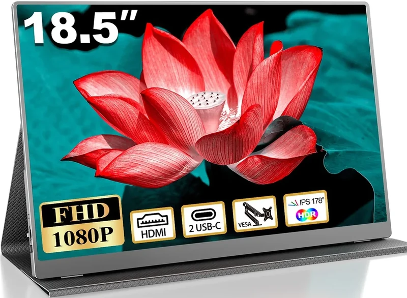 18.5 Inch Portable Monitor for Laptop, FHD 1080P 100% sRGB Travel Monitors for Laptop, Portable Computer IPS Display w/VESA, External Monitor USB-C HDR HDMI Portable Screen w/Smart Cover & Speakers