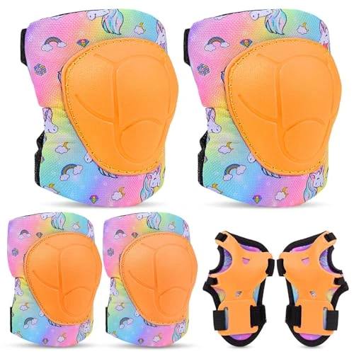 FIODAY Knee Pads for Kids Protective Gear Set Adjustable Kids Knee Pads and Elbow Pads with Wrist Guard for Girls Roller Skates Cycling Bike Skateboard Scooter Knee Pads, 3-8 Years,Orange