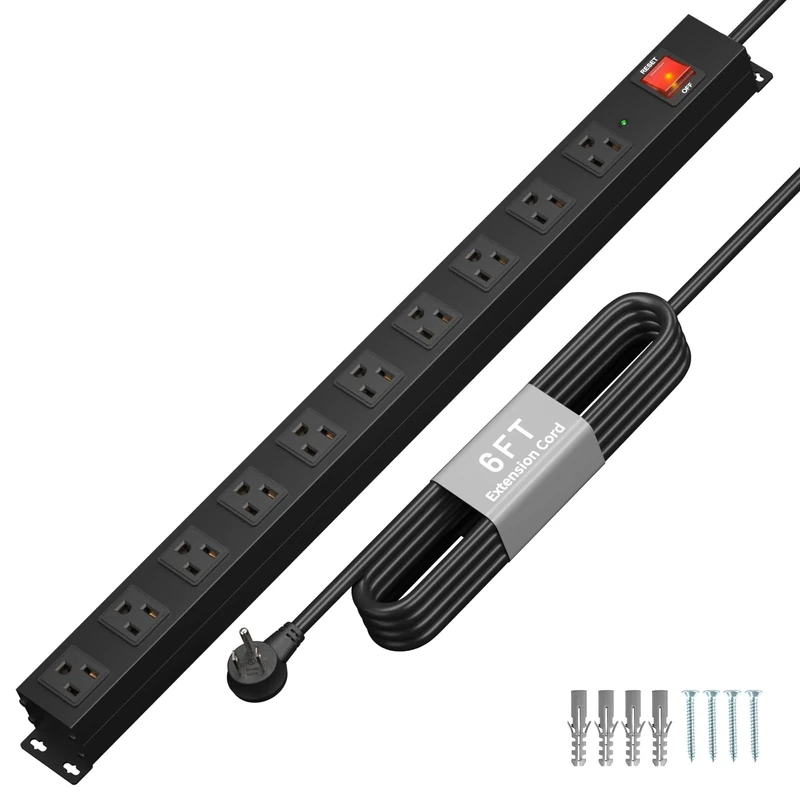 KF 10 Outlet Heavy Duty Power Strip, 2100J Surge Protector with 6FT Extension Cord, 15A/1875W Wall Mount Power Strip Design,Safety Switch,Overload Protection for Home Office Workshop - Black