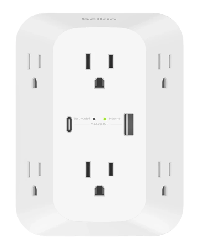 Belkin 6-Outlet Surge Protector - 1680J, USB-C PD 22.5W, Wall Mount
