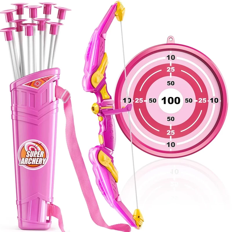 TEMI Bow and Arrow for 3 4 5 6 7 8 9 10 Year Old Kids Girls, LED Light Up Archery Toy with 10 Suction Cup Arrows, 4 Target & Quiver, Indoor Outdoor Sport Toys, Birthday Gift Toys for Kids Girls