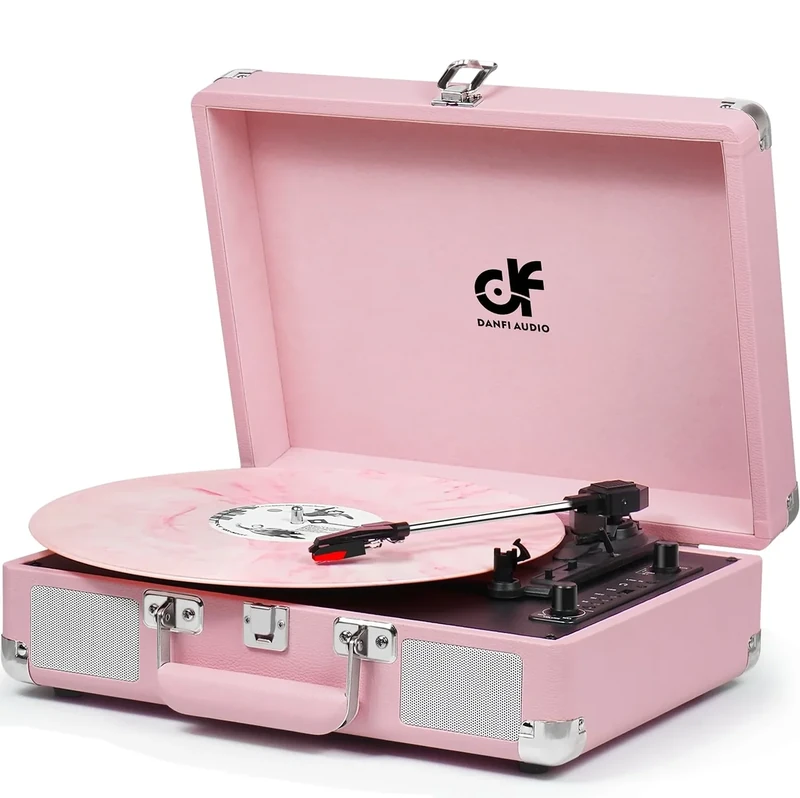 Vintage Pink Suitcase Record Player - 3-Speed Turntable with Bluetooth, USB Recording, MP3 Converter, Speakers, Stylus