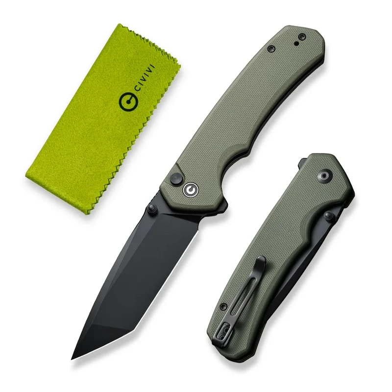 CIVIVI Brazen Folding Knife, Button Lock Pocket Knife with 3.46'' Swedish 14C28N Tanto Blade, Ultra-Grip G10 Handle, Low Profile Clip for EDC C19059C-2 (OD Green)