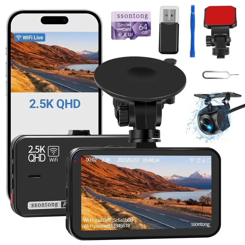 ssontong Dual Front 2.5K + Rear 1080P Dash Cam with WiFi, 64GB Card
