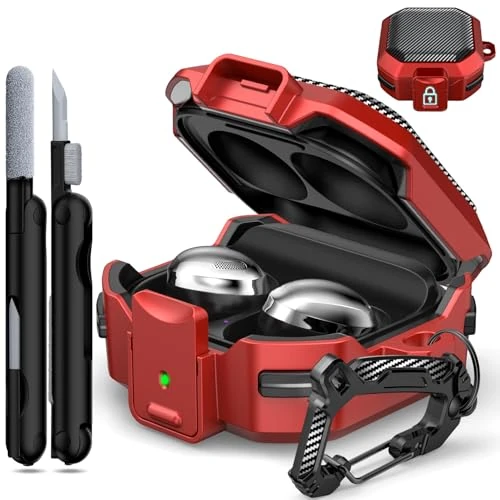 RFUNGUANGO for Samsung Galaxy Buds 2 Pro/Buds Pro/Buds Live/Buds 2 Case Cover/Galaxy Buds FE (2023), Military Carbon Fiber case with Keychain/Zipper/with Cleaner Kit(Anti-Drop Lock)-Red