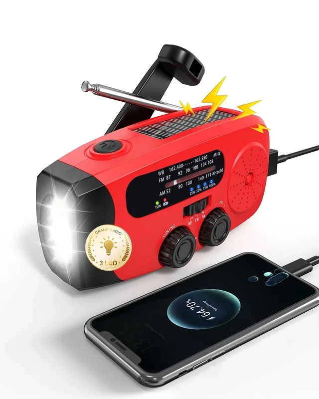 Emgykit 086S Hand Crank Emergency Radio - 2000mAh/7400mWh AM/FM/NOAA Solar Hand Crank Emergency Radio with 3 LED Flashlight, SOS Function for Emergencies, Camping - Red