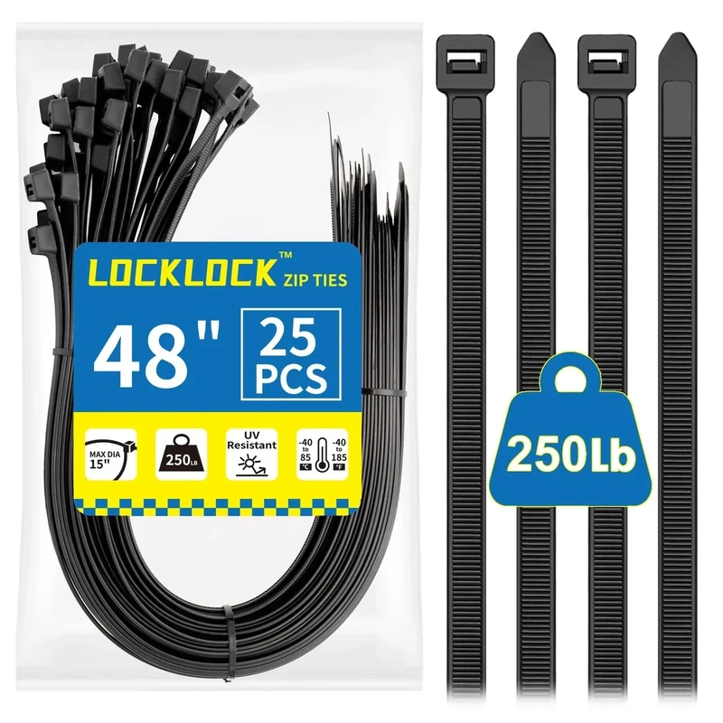 Large Zip Ties Heavy Duty Outdoor 48 inch (25 Pack), Heavy Duty Zip Ties 250 lbs, Black, LOCKLOCK