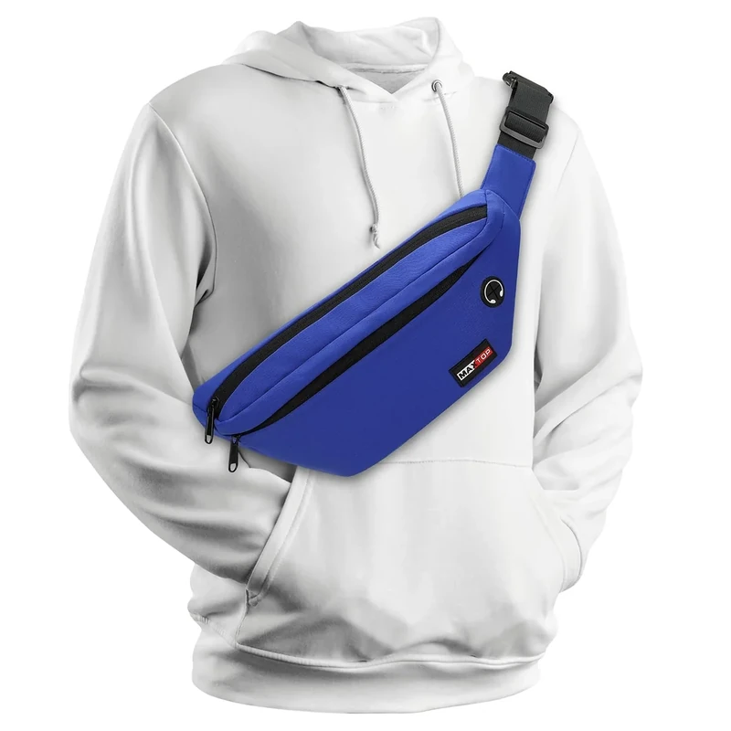 MAXTOP Large Fanny Pack for Men Women,Blue Waist Pack with Headphone Jack and 3-Zipper Pockets Adjustable for Outdoors Workout Traveling Casual Running Hiking Cycling Dog Walking