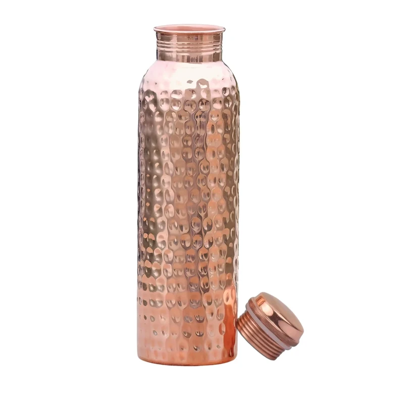 HOMEZY Copper Water Bottle (34oz/1000ml) 100% Pure Handmade Hammered Ayurvedic Pure Copper Vessel for Drinking Heavy Duty & Leak-proof