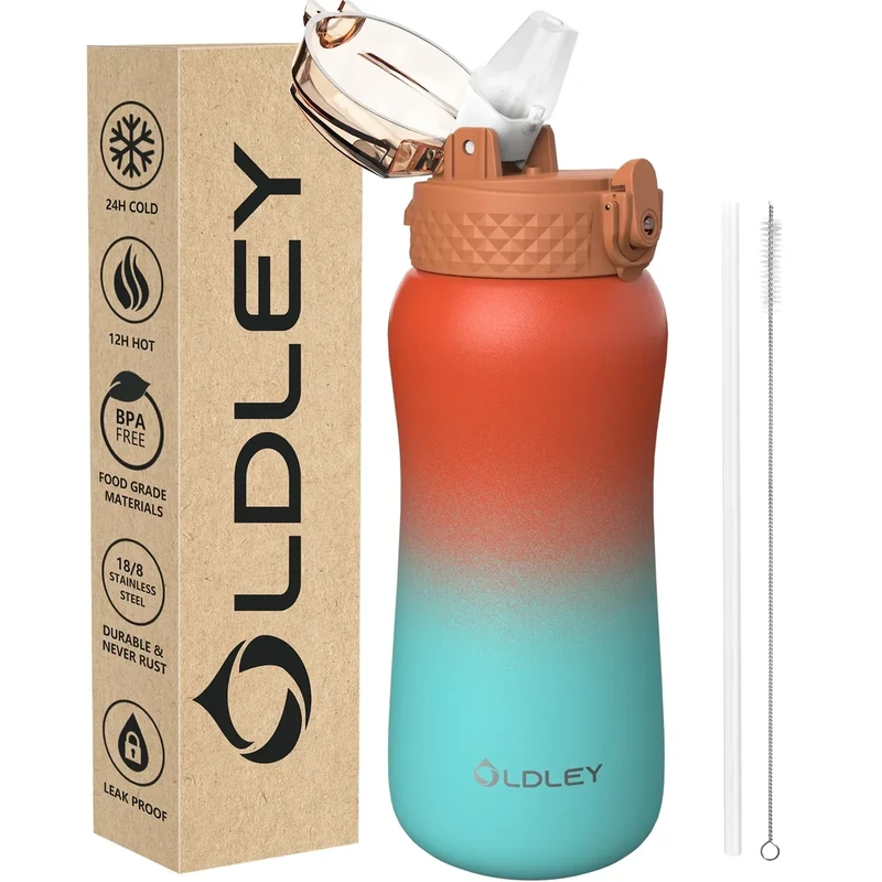 OLDLEY Insulated Water Bottle 12oz Stainless Steel Water Bottles with Straw for Adults Kids, Double Wall Vacuum Bottels, Leak-Proof Sports water bottle for School Travel,Orange-green
