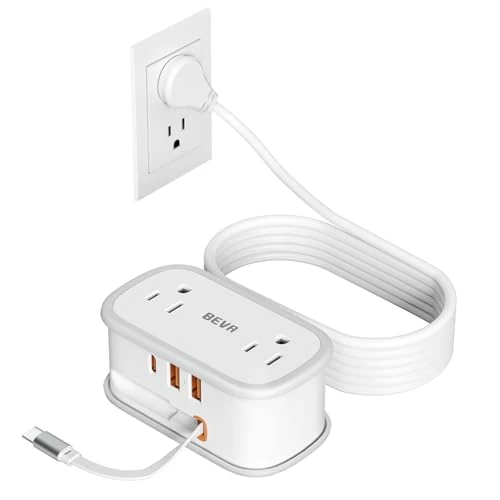 Travel Power Strip Flat Plug, BEVA 4FT Ultra Thin Flat Extension Cord with USB Ports, 4 Outlets 3 USB, Small Portable Multiple Outlet Extender for Hotel Cruise Ship, Travel Essentials(White)