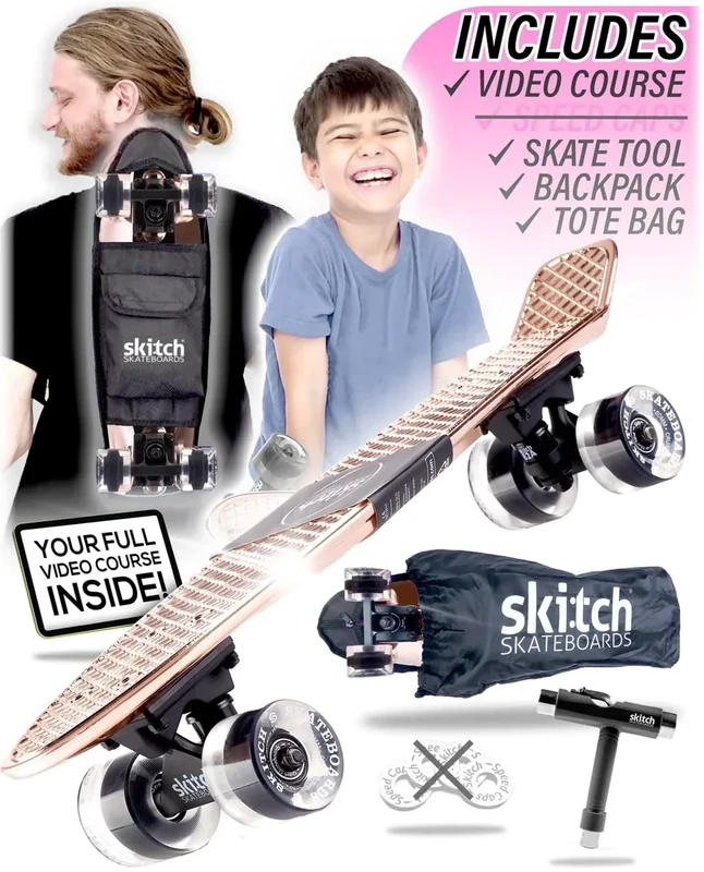 SKITCH Complete Skateboard Gift Set for All Ages | 22" x 6" Chrome Mini Cruiser Board + Skateboard Backpack + ABEC 9 Bearings + Skate Tool + Tote Bag | Skateboards for Kids and Teens (Rose Gold)