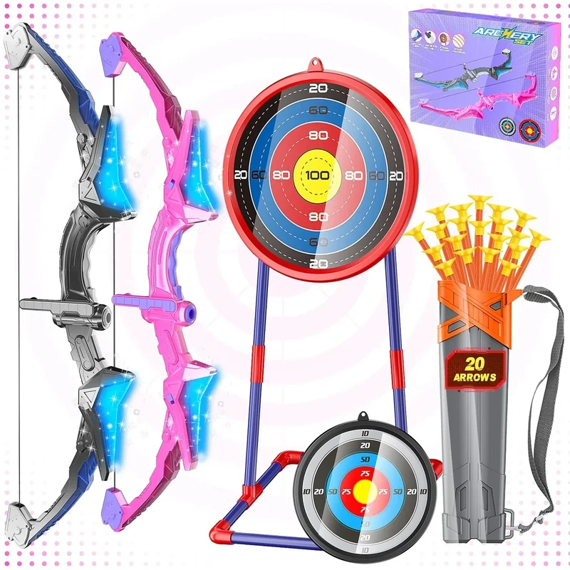 HOLIBIBE 2 Pack Kids Bow and Arrow, 20 Suction Cup Arrows, 2 Archery Targets&Quiver, Light-up Set for Kids Ages 4-8 8-12, Indoor Outdoor Toys for Boys Girls, (Black & Pink)