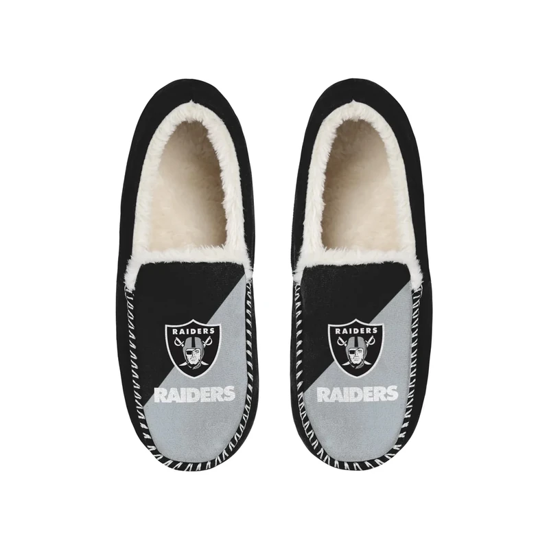 FOCO NFL Unisex-Adult Officially Licensed Color Block Primary Logo Sherpa Lined Moccasin Slippers (Las Vegas Raiders, numeric_7)