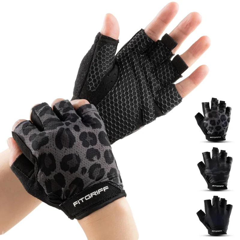Fitgriff® Workout Gloves (Padded) for Men & Women - Fingerless Gym Gloves for Weight Lifting, Training - Full Palm Protection (Leopard, Size 8)