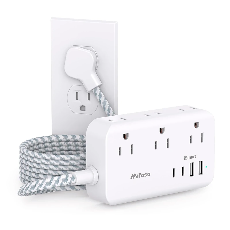 Mifaso 10FT Power Strip - 6 Outlets, 4 USB (2C), Thin Flat Plug, White